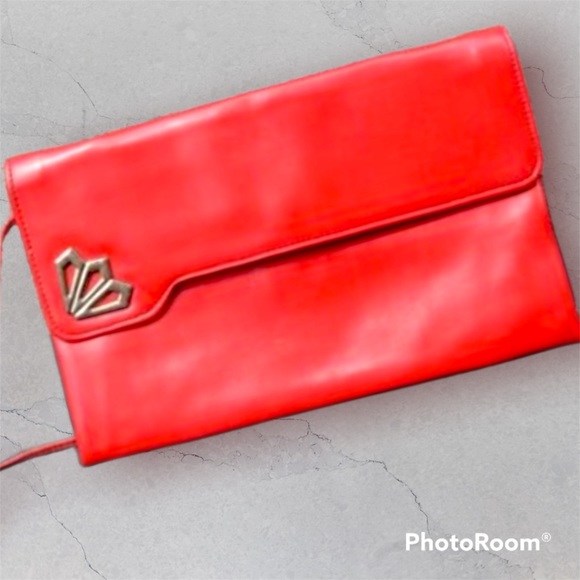 VTG 80s Red Convertible Shoulder Hand Bag Clutch Purse Built-in Compact Mirror - Picture 8 of 16